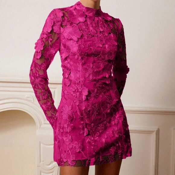 Hot Pink Elegant Women's Long Sleeve Floral Embroidered Party Dress - Picture 6 of 6